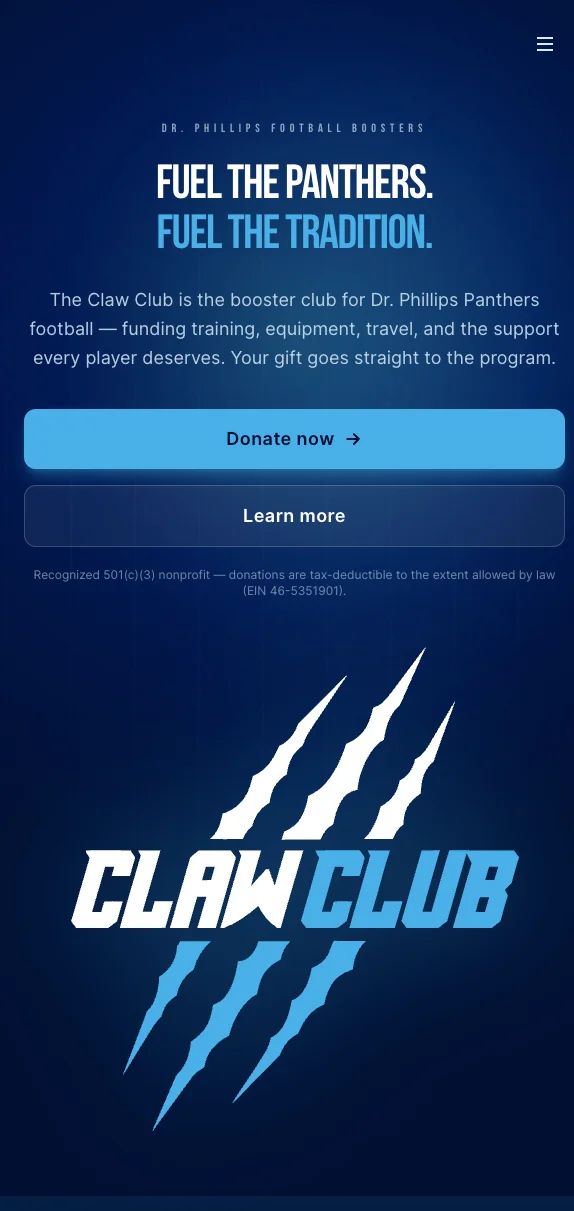 The Claw Club website — mobile
