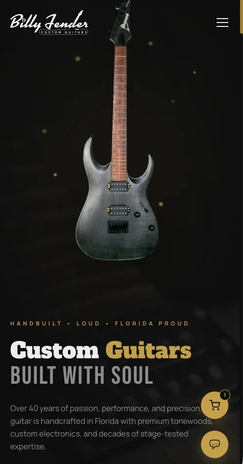 Billy Fender Custom Guitars website — mobile